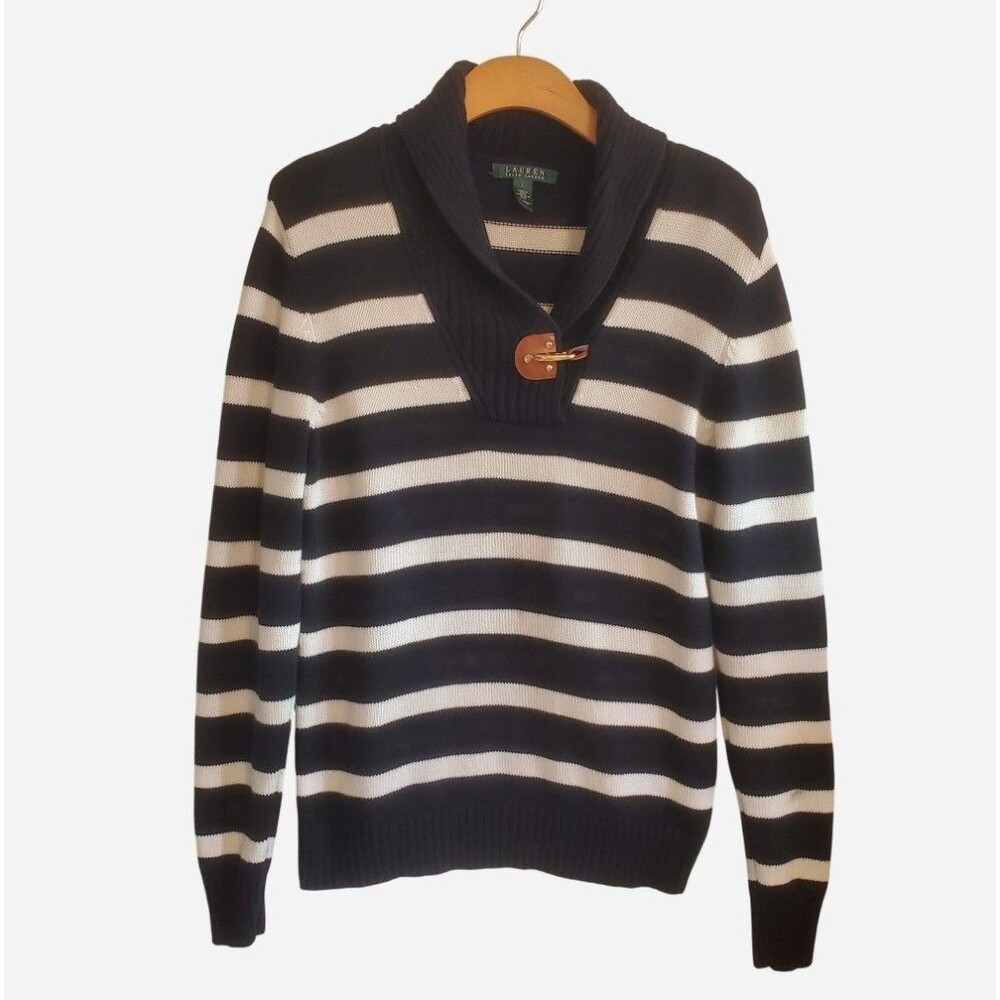 Lauren Ralph Lauren Striped Shawl Neck Sweater Nautical Fisherman Preppy Size L